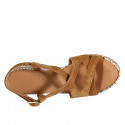 Woman's sandal in tan brown suede and braided fabric with platform wedge heel 9 - Available sizes:  43