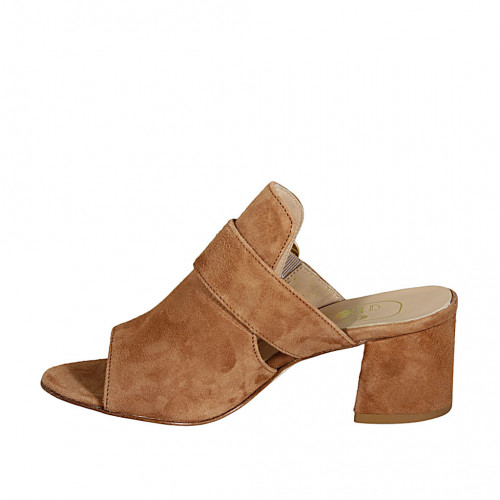 Woman's mules with buckle in tan brown suede heel 5