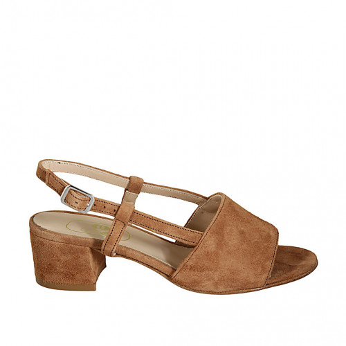 Woman's sandal in tan brown suede heel 4