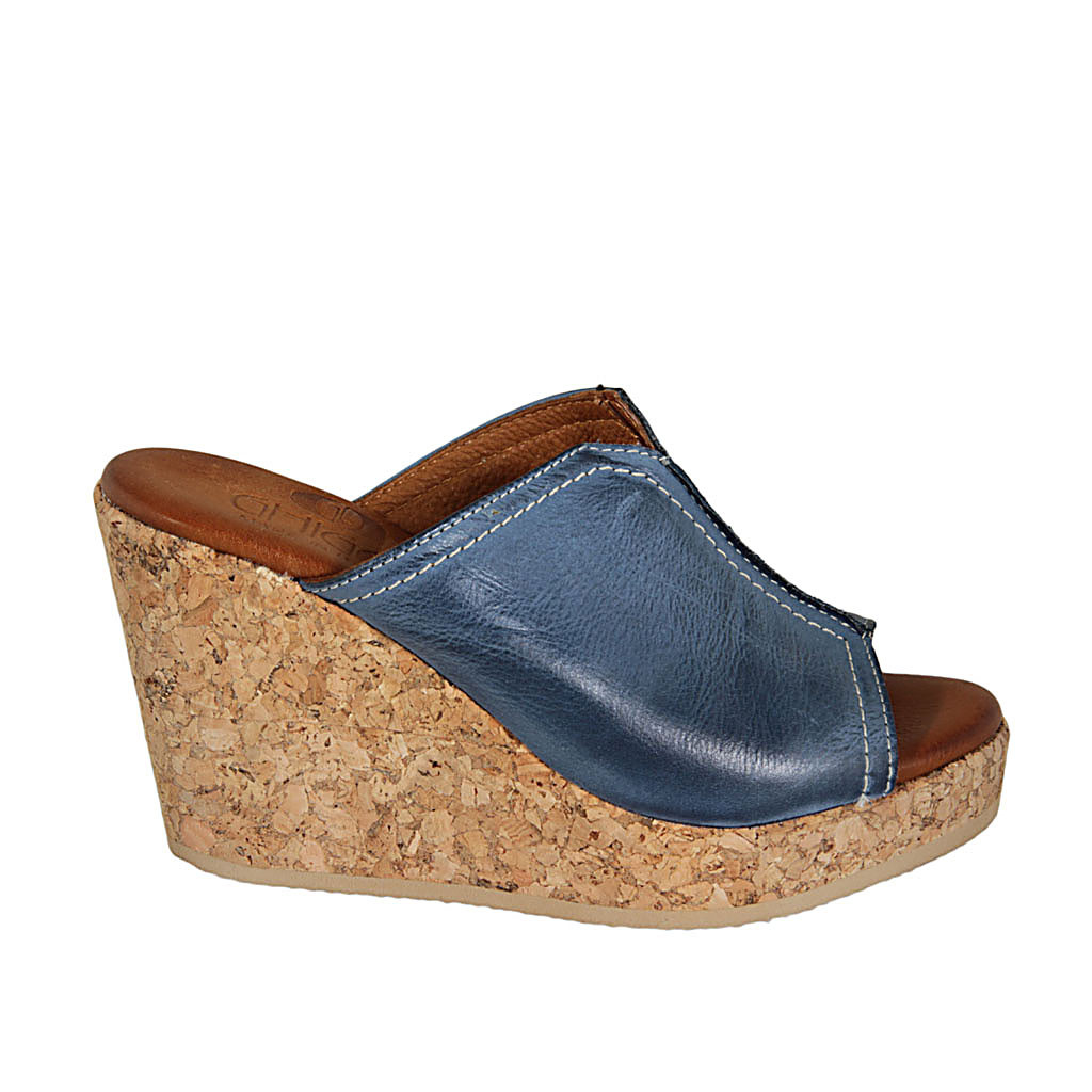 Woman's platform mules in light blue leather wedge heel 9