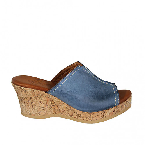 Woman's platform mules in light blue leather wedge heel 7 - Available sizes:  43