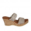 Woman's mules in braided fabric and silver leather with studs, platform and wedge heel 7 - Available sizes:  42, 43