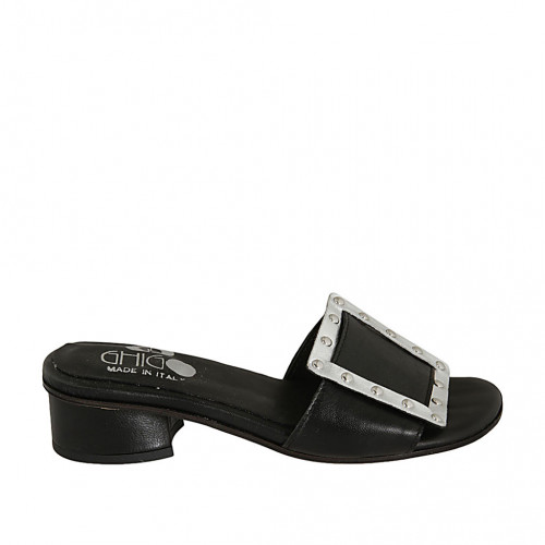 Woman's mules in black and silver laminated leather with studs heel 3 - Available sizes:  32, 43