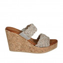 Woman's mules in braided fabric and silver leather with studs, platform and wedge heel 9 - Available sizes:  42, 43