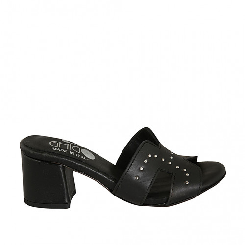 Woman's mules in black leather with studs heel 5 - Available sizes:  32, 33, 43