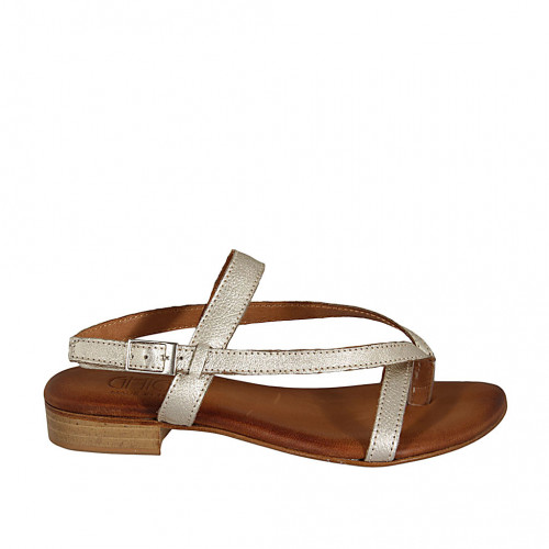 Woman's thong sandal in platinum laminated leather heel 2 - Available sizes:  32