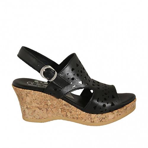 Woman's sandal in black pierced leather with platform and wedge heel 7 - Available sizes:  42