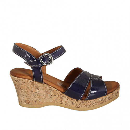 Woman's strap sandal in blue patent leather with platform and wedge heel 7 - Available sizes:  42, 43