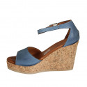 Woman's open shoe with strap and platform in light blue leather wedge heel 9 - Available sizes:  42, 43