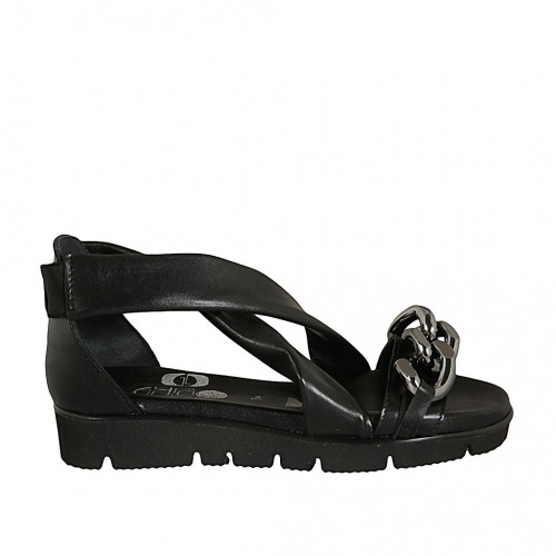 Chaussure ouverte pour femmes avec elastique et chaîne en cuir noir talon compensé 3 - Pointures disponibles:  33