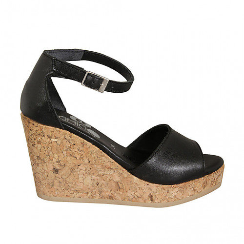 Woman's open shoe with strap and platform in black leather wedge heel 9 - Available sizes:  42, 43