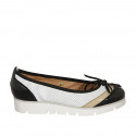 Woman's ballerina shoe in pierced white leather and black and beige patent leather with bow wedge heel 3 - Available sizes:  43