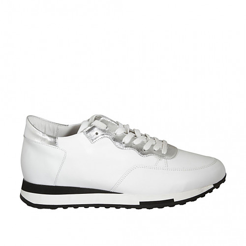 Woman's laced shoe with removable insole in white and laminated silver leather wedge heel 3 - Available sizes:  43, 44, 45