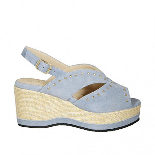 Woman's sandal in light blue suede with studs and wedge heel 7 - Available sizes:  43, 44