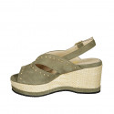 Woman's sandal in green suede with studs and wedge heel 7 - Available sizes:  43, 44