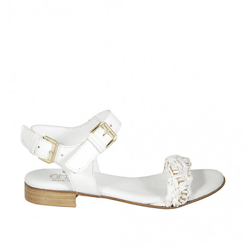 Sandale pour femmes en cuir blanc et raphia tressé blanc, platine et cuivre avec courroies et talon 2 - Pointures disponibles:  33