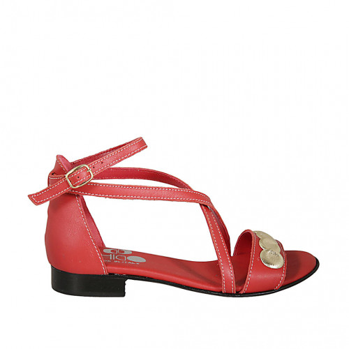 Woman's open shoe with strap and platinum accessory in red leather heel 2 - Available sizes:  32, 33