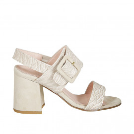 Sandale pour femmes avec boucle et elastique en cuir imprimé et daim beige talon 7 - Pointures disponibles:  43, 45