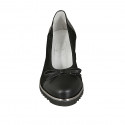 Zapato de salon con moño para mujer en piel y tejido negro cuña 4 - Tallas disponibles:  34, 43, 44