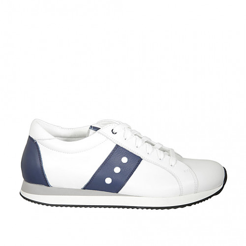 Chaussure sportif à lacets pour hommes avec semelle amovible en cuir blanc et bleu - Pointures disponibles:  38