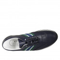Men's laced casual shoe with removable insole in blue leather and blue, green and grey fabric - Available sizes:  37, 50