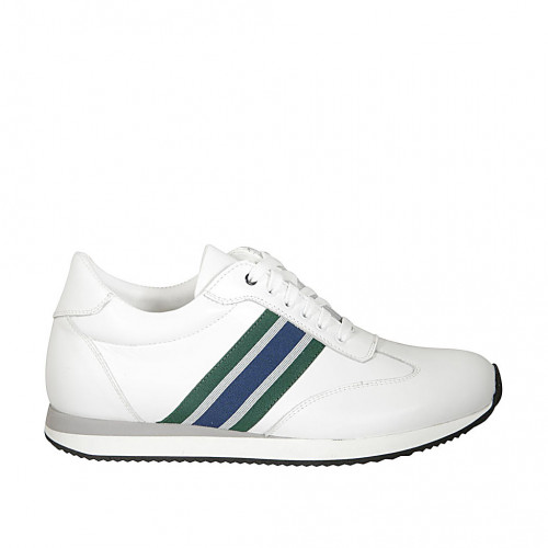 Men's laced casual shoe with removable insole in white leather and blue, green and grey fabric - Available sizes:  38, 46