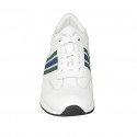 Men's laced casual shoe with removable insole in white leather and blue, green and grey fabric - Available sizes:  38, 46