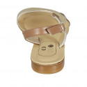 Woman's sandal in tan brown and laminated platinum leather heel 1 - Available sizes:  33, 44