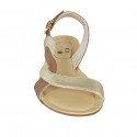 Woman's sandal in tan brown and laminated platinum leather heel 1 - Available sizes:  33, 44