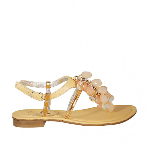 Woman's thong sandal with accessory in orange leather and laminated leather heel 1 - Available sizes:  42, 43