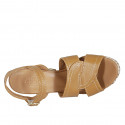 Woman's strap sandal in tan brown leather with platform and braided heel 10 - Available sizes:  42