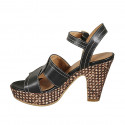 Woman's strap sandal in black leather with platform and braided heel 10 - Available sizes:  31, 42