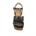 Woman's strap sandal in black leather with platform and braided heel 10 - Available sizes:  31, 42