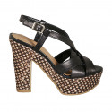 Woman's sandal in black leather with crossed strap, platform and braided heel 12 - Available sizes:  31