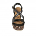Woman's sandal in black leather with crossed strap, platform and braided wedge heel 9 - Available sizes:  42, 43, 45