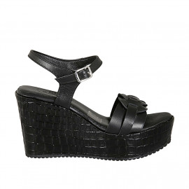 Woman's strap sandal in black leather with platform and printed wedge heel 9 - Available sizes:  42