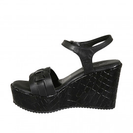 Woman's strap sandal in black leather with platform and printed wedge heel 9 - Available sizes:  42 2