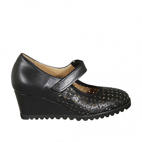 Woman's pump with velcro strap and removable insole in black leather and pierced leather wedge heel 6 - Available sizes:  43, 44, 45