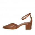 Chaussure ouverte à bout ponitu avec courroie en cuir brun clair talon 5 - Pointures disponibles:  45