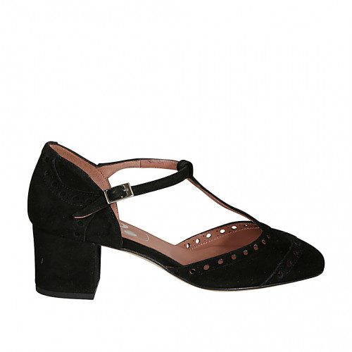 Zapato abierto para mujer con cinturon salomé en gamuza negra tacon 5 - Tallas disponibles:  34