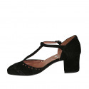 Woman's open T-strap shoe in black suede heel 5 - Available sizes:  34