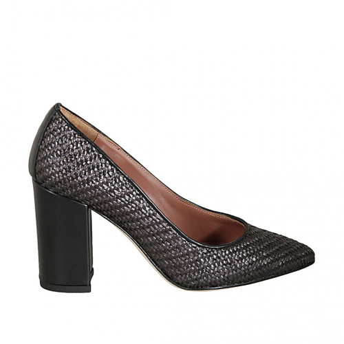 Woman's pointy pump in black leather and braided fabric heel 8 - Available sizes:  34