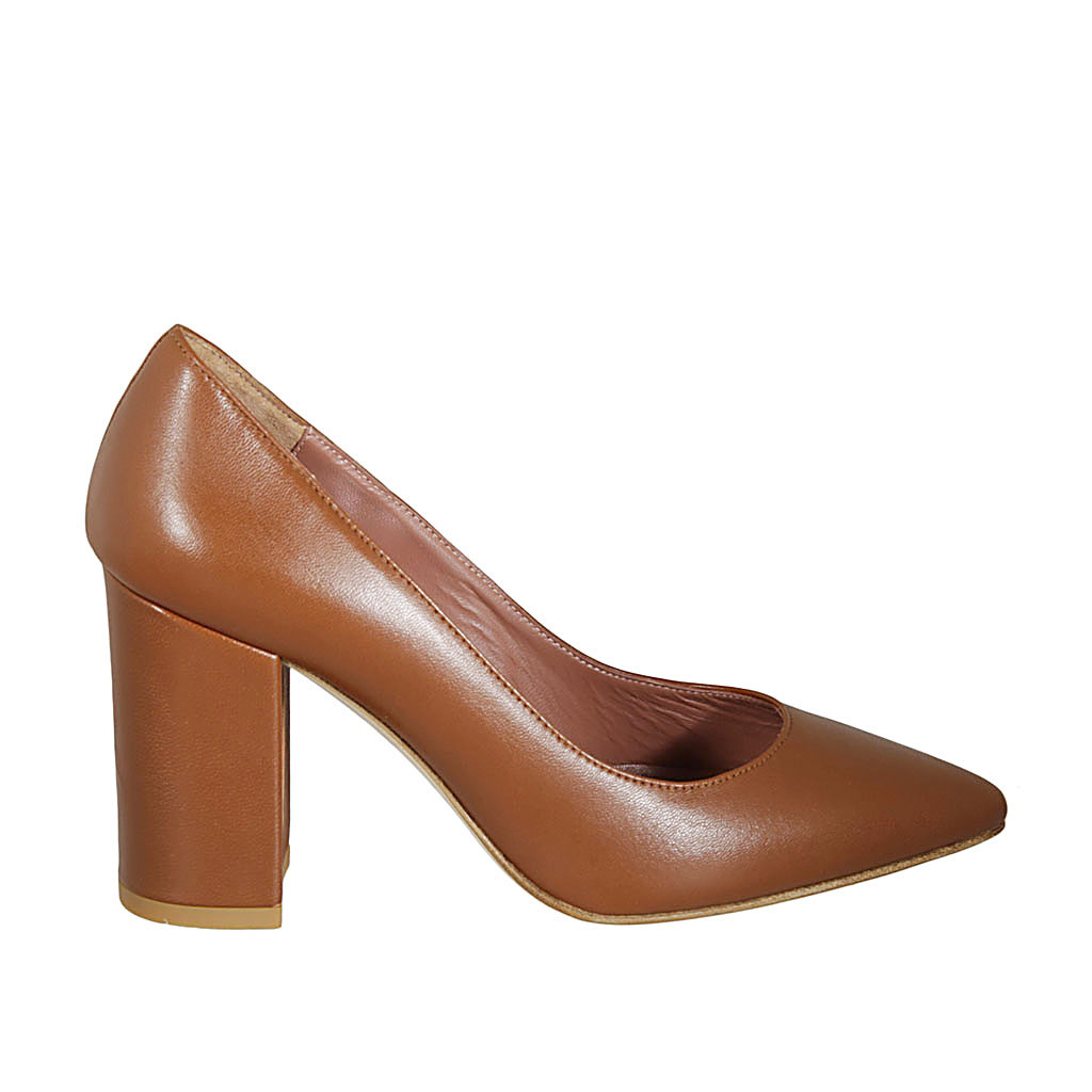 pointy pump in tan brown leather heel 8