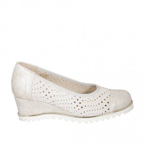 Woman's pump in beige pierced suede and printed leather wedge heel 5 - Available sizes:  45
