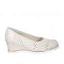 Woman's pump in beige pierced suede and printed leather wedge heel 5 - Available sizes:  45