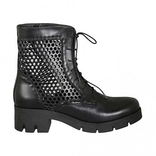 Botines para mujer con cordones en piel y piel perforada negra tacon 5