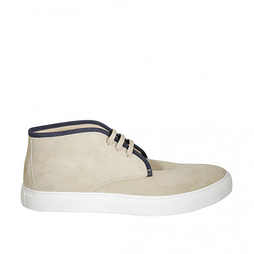 Man's laced shoe with removable insole in beige and blue suede - Available sizes:  47, 48