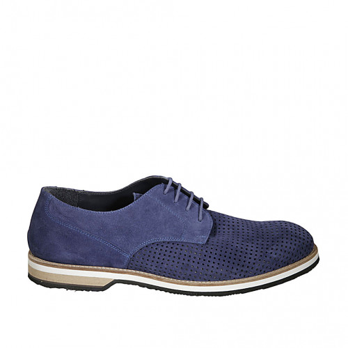 Zapato derby con cordones para hombre en gamuza y gamuza perforada azul - Tallas disponibles:  47, 50