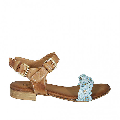 Woman's straps sandal in tan brown leather and turquoise, platinum and copper braided raffia heel 2 - Available sizes:  43