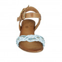 Woman's straps sandal in tan brown leather and turquoise, platinum and copper braided raffia heel 2 - Available sizes:  43